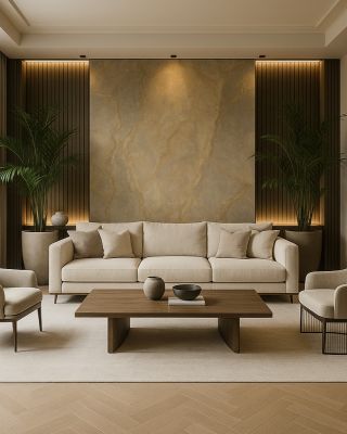 ✨ Přírodní elegance ve své nejčistší podobě ✨ Středobodem tohoto moderního interiéru je kamenná dýha Indian Autumn – s...